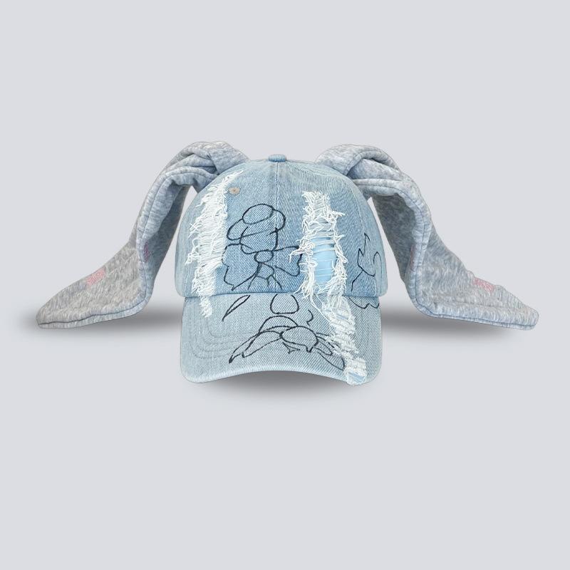 YIRAN Dayang hat Niche Y2K Konijnenoren Denim Gescheurde Baseballpet Mannen En Vrouwen Donkere Persoonlijkheid Metalen Ring Straat Trend Verstelbare Sportpet 54-58cm