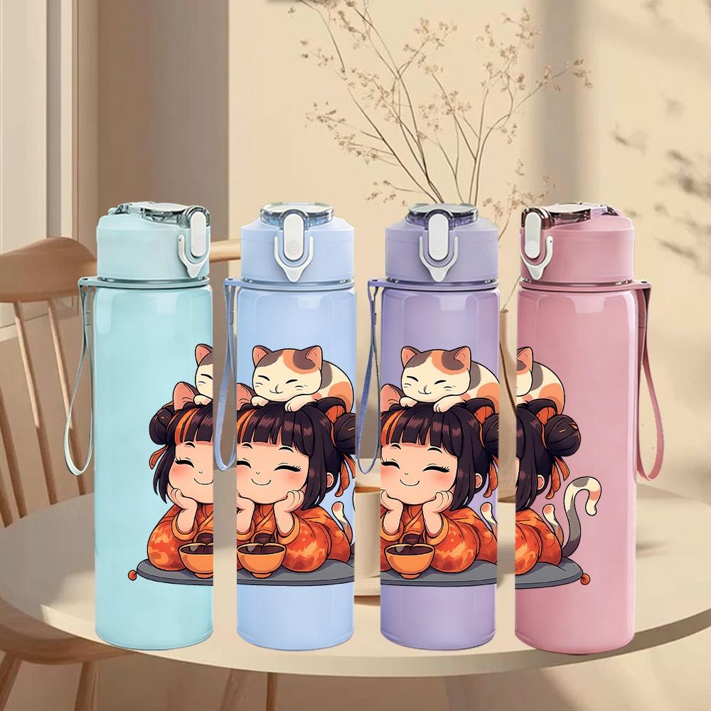 1PC Little Girl Cat Portrait 750ml Color Plastic Sports Water Bottle Leakproof Flip Straw Lid Suitable for Sports Office Home Use
