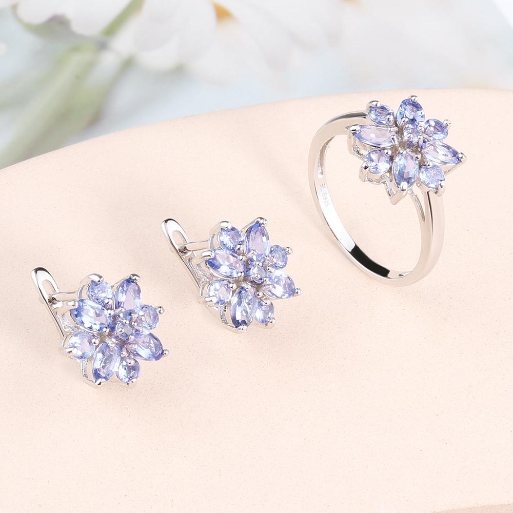 Ensemble de bijoux en argent sterling 925 avec boucles d'oreilles et bague en tanzanite bleue naturelle, bijoux fins, cadeau pour femme