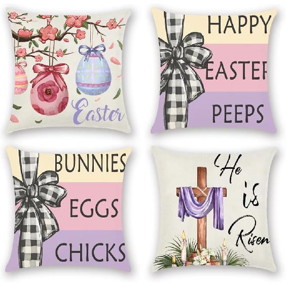 Easter Pillow Covers 18x18 Inch Happy Easter Decor Throw Pillow Covers Easter Bunnies Chicks Eggs Cushion Covers, He Is Risen Cushion Cases