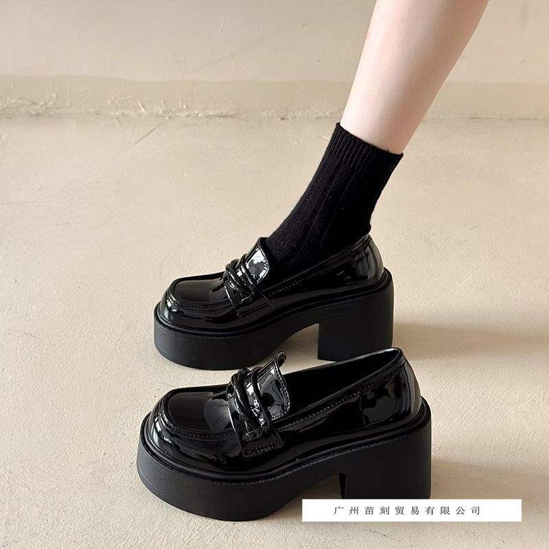 Black Round Head Small Man Increases Height with One Pedal Loafers Women's Spring British Style Platform Small Leather Shoes
