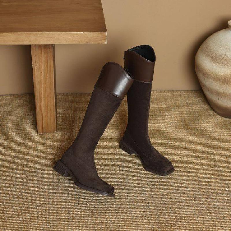 Autumn and Winter Suede Tall Boots Solid Color Large Size Women's Boots Medium Heel Back Zipper Fashion Boots Square Heel Comfortable Square Head 