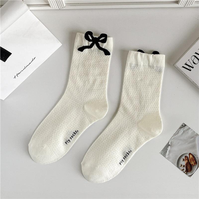 

Женские гольфы до середины икры с бантом - Легкие, Влагоотводящие, Модные черно-белые для весны и лета Black Border Bow Series