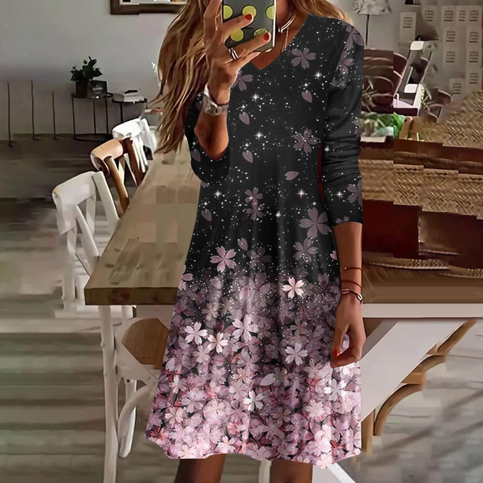 Women s Floral Print Long Sleeve T-Shirt Dress 2022 V-Neck A-line Swing Dress S