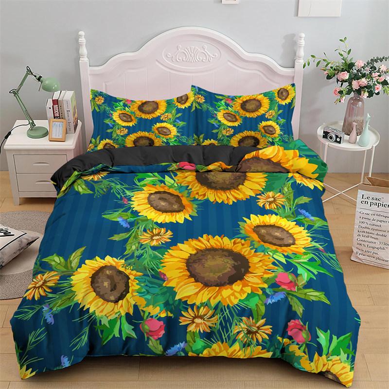 3D Sonnenblume König Königin Bettbezug Gelbe Blumen Bettwäscheset Floral Grüne Blätter Bettdeckenbezug 2/3tlg. Polyester Steppdeckenbezug