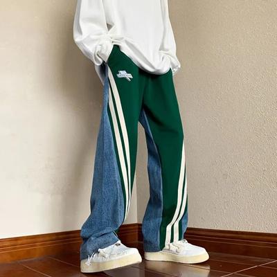 American Trend Hiphop High Street Loose Jeans Men's Patchwork Stripes Elastic Waist Drawstring Pockets Straight Casual Trousers