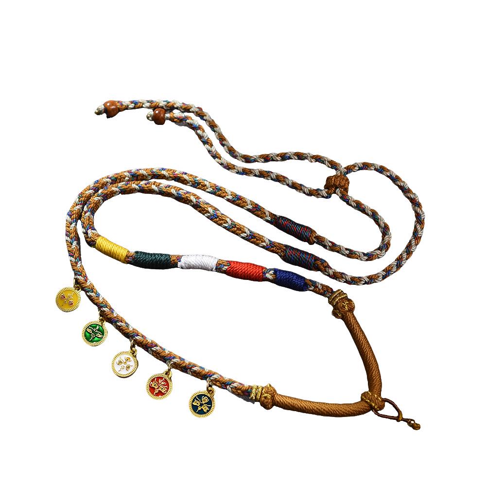 Five Wealth Gods Thangka Pendant Necklace | Tibetan Style Handmade Amulet with Beeswax Cinnabar Braided Rope