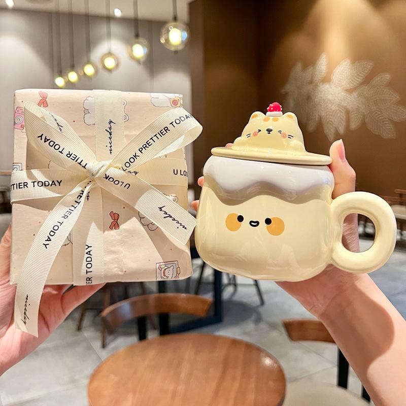 Gift Super Cute Pudding Mug Household Ceramic Water Cup with Lid Spoon Coffee Cup Souvenir