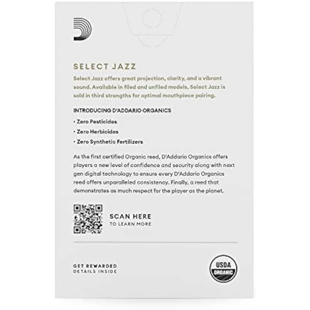 D'Addario WoodWinds Daddario Reed for Alto Saxophone USDA Organic Certified SELECT JAZZ Filed ORS...