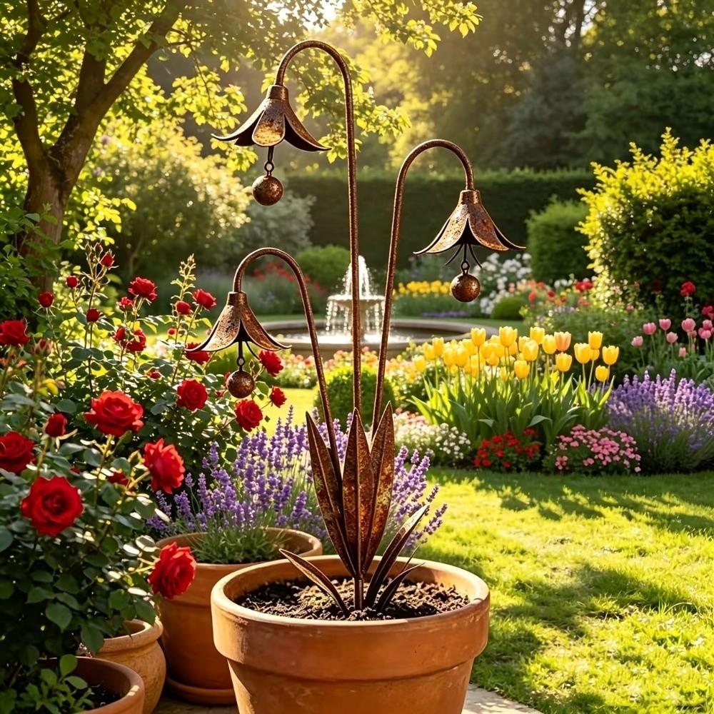 Flower Shape Three Calla Lilies Sculpture Rustic Floral Stake Ornament Garden Sculpture  Plant