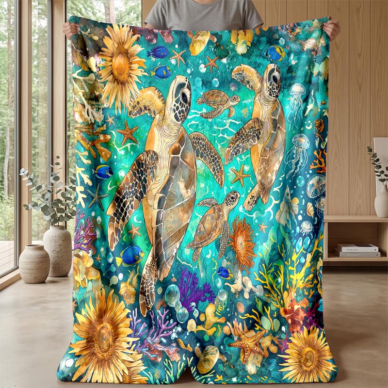Oceanic Sea Life 3 Theme Blanket Lightweight Warm Flannel Blanket Decorative Throw Blanket for Home Decoration
