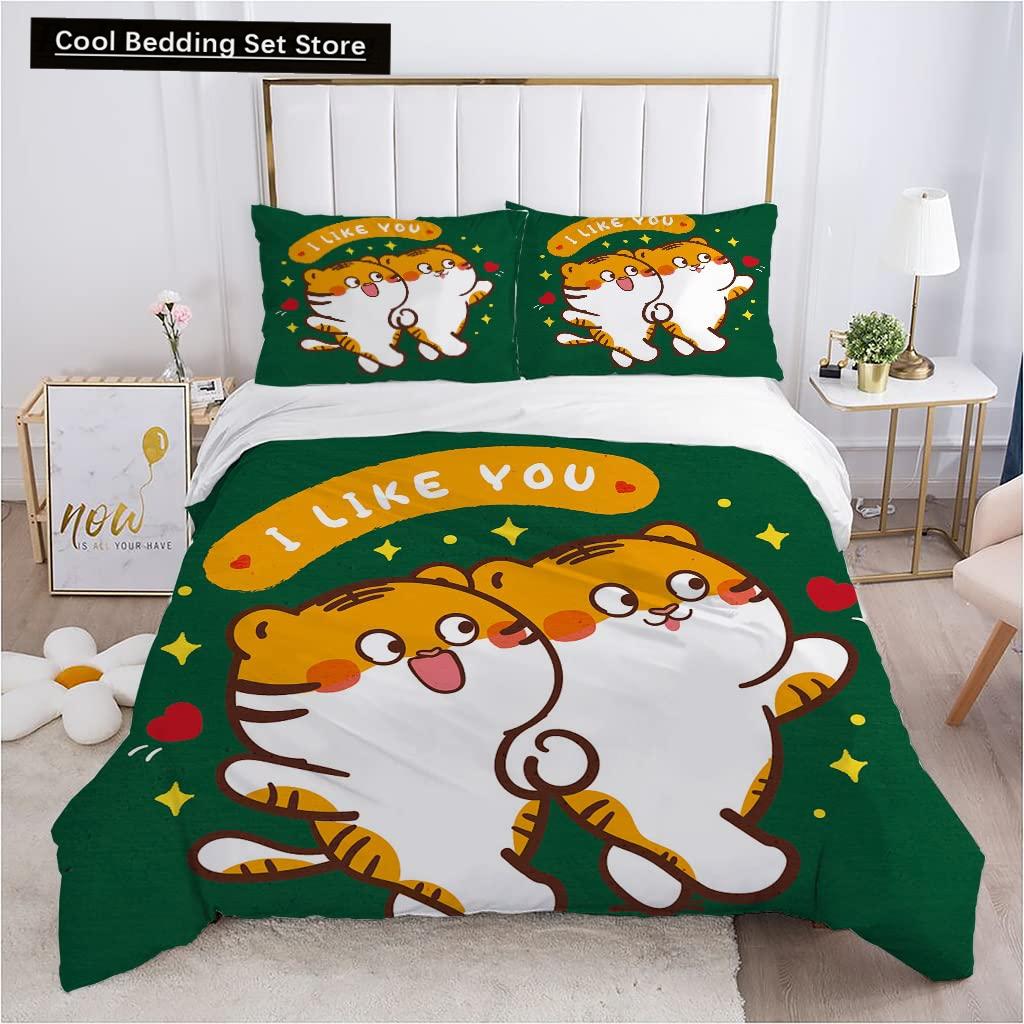Cartoon Tiger Duvet Cover King Queen Animal Forest Theme Bedding Set for Kids Boys Girls Jungle Wildlife Polyester Quilt Cover
