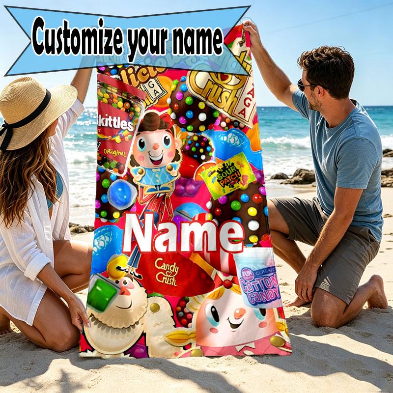 Custom Name Personalized Candy Crush Saga Print Beach Towel, for Trip Camping Beach Party Home Decor, Birthday Gift for Family & Friends