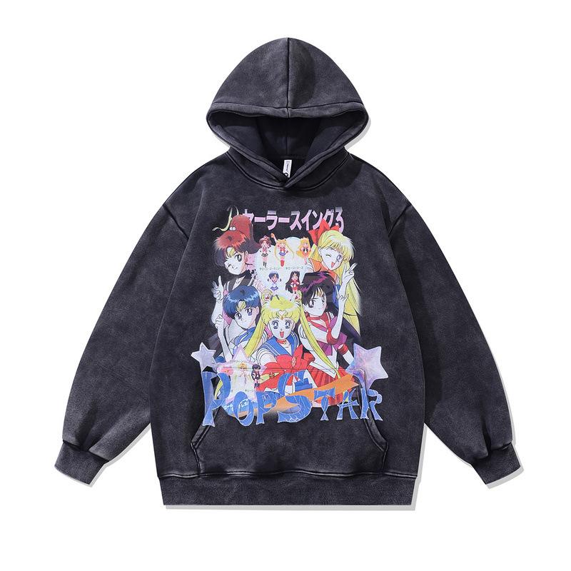 European And American High Street Washed Anime Pullover Hoodie Couple Casual Direct Spray Print Loose Hooded Sweatshirt Men And Women