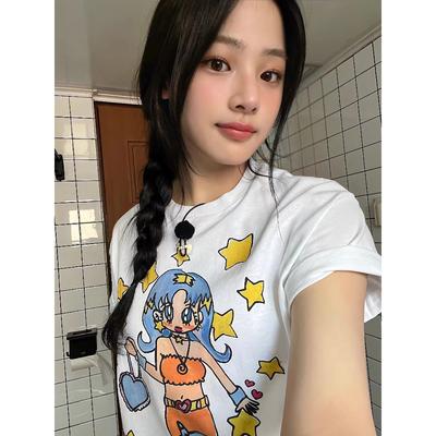 REOY STUDIONewJeans Pure Cotton Ort Sve T-irt for Little Girls Star Print Korean Sle Loose Fit Summer Top
