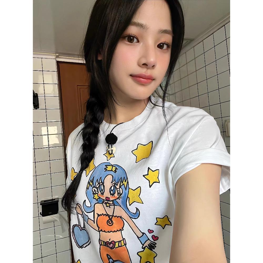 REOY STUDIONewJeans Pure Cotton Ort Sve T-irt for Little Girls Star Print Korean Sle Loose Fit Summer Top