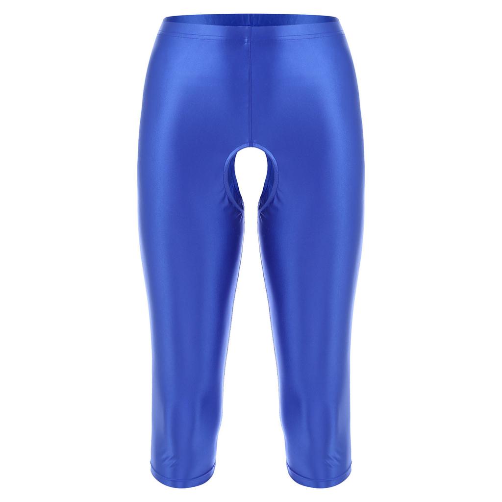 Mens Glossy Open Crotch Shorts Stretchy Elastic Waistband Slim-Fit Leggings Smooth Fabric for Gym Club Outfits