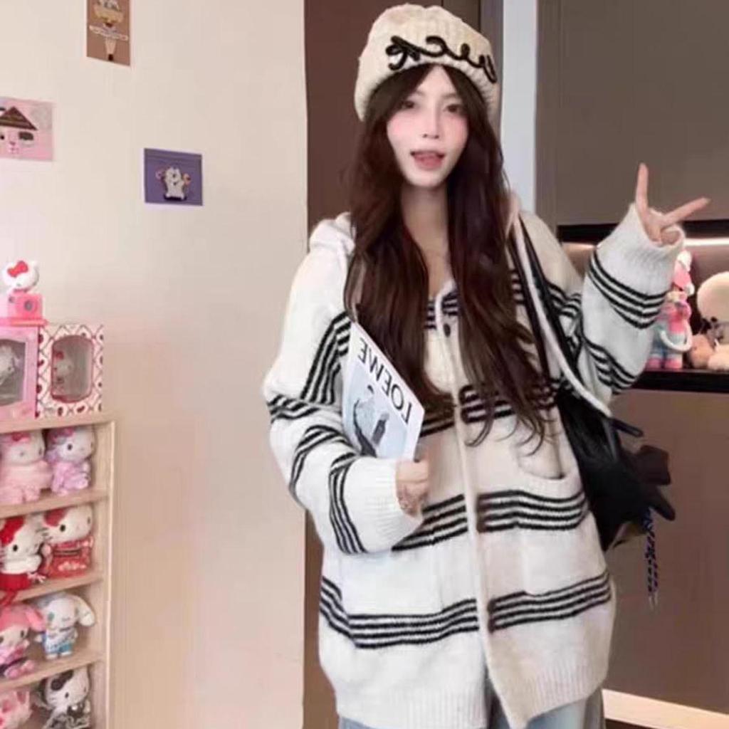 Korejský retro pruhovaný pletený kardigan s kapucí pro ženy: Raná podzimní a zimní móda