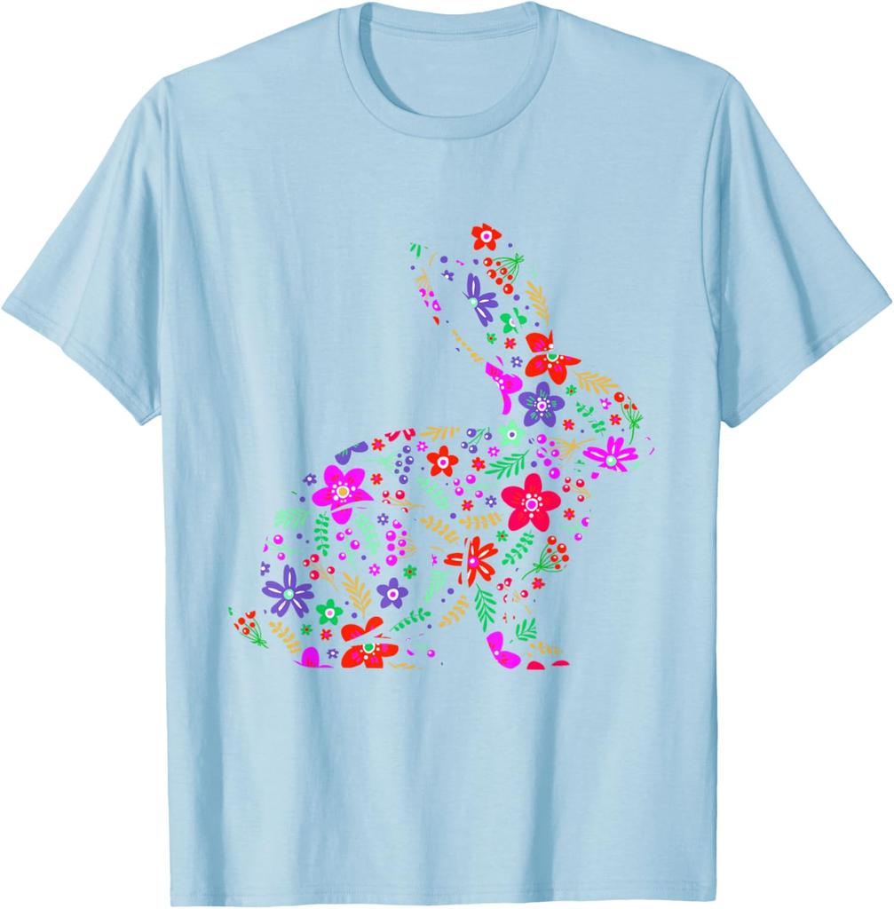 Floral Easter Bunny Rabbit Silhouette Spring Flowers Graphic T-Shirt Men Casual Trip