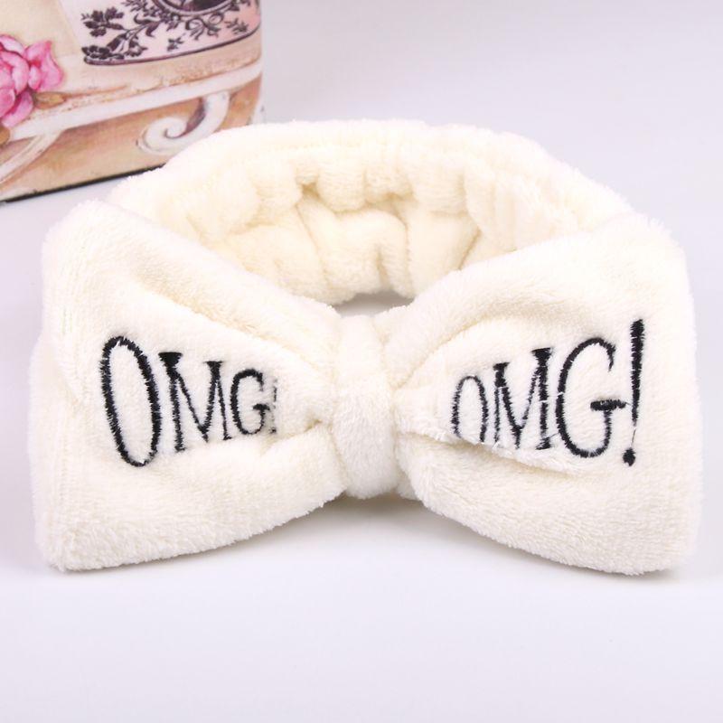 Versatile Candy Color Omg Letters Bow Headband Coral Fleece For Daily Facial Routines