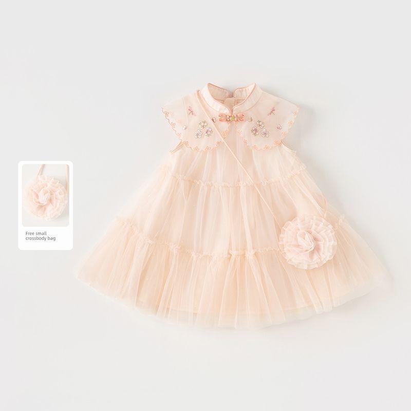 David Bella Girls  Dress Summer New Style Cheongsam Dress Children s National Style Hanfu Cloud Shoulder Mesh Dress Children s Clothing Orange Powder [Ready in Stock] 130