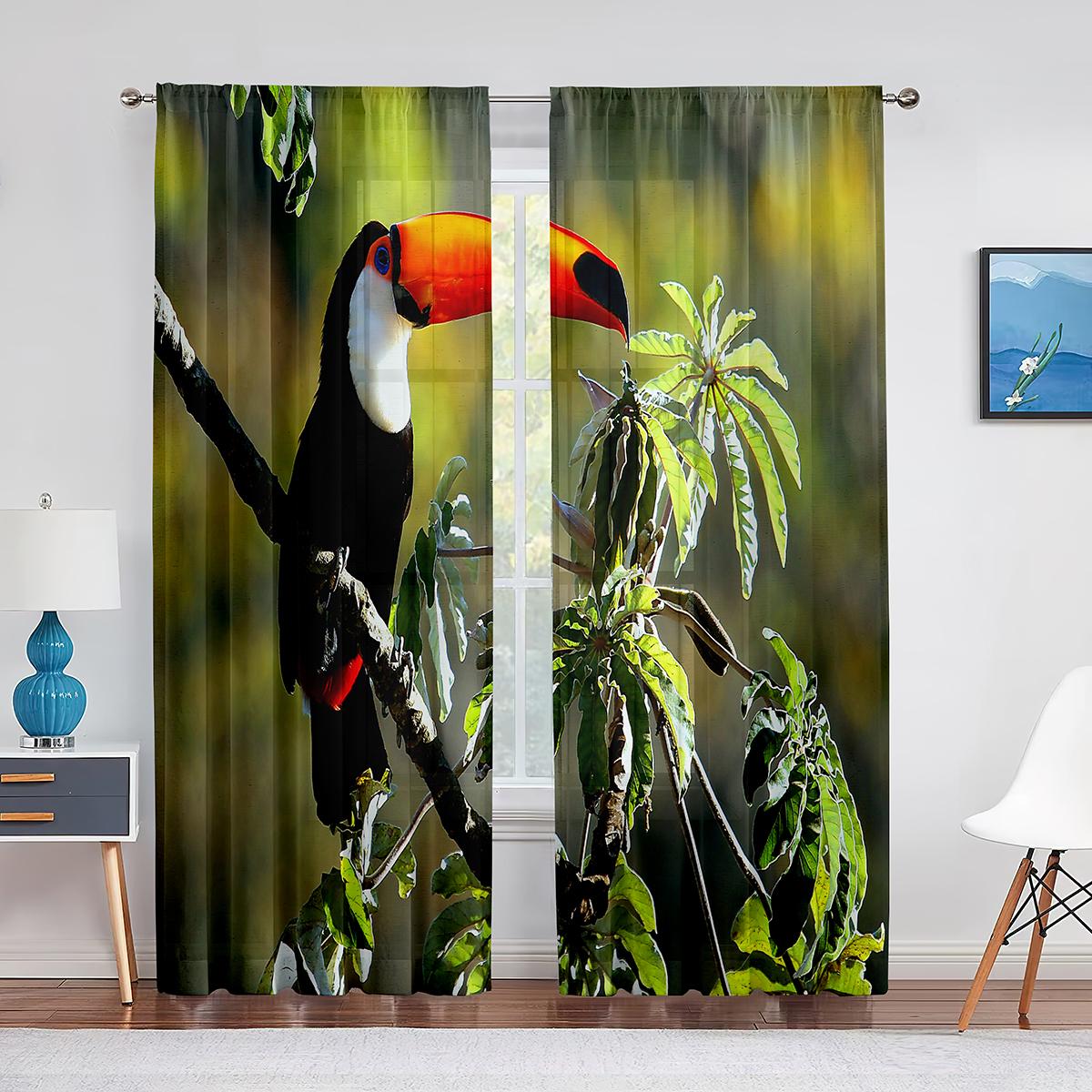 Pájaro Tropical Tucán Hoja de Palmera Océano Cortinas de Voile Transparentes para Cocina Sala de Estar Dormitorio Cortinas de Tul Tratamiento de Ventana 1 PCS W100XH250cm&Grommet Top black