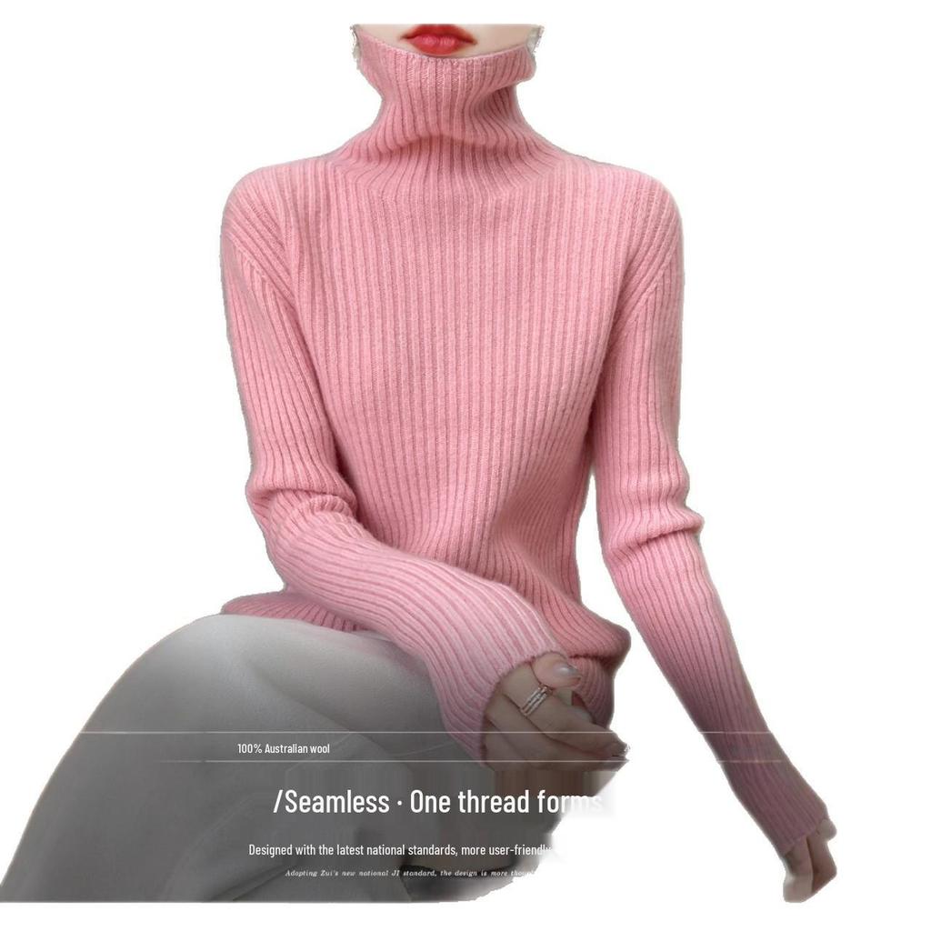 High-Neck Ribbed 100% Wool Seamless Sweater