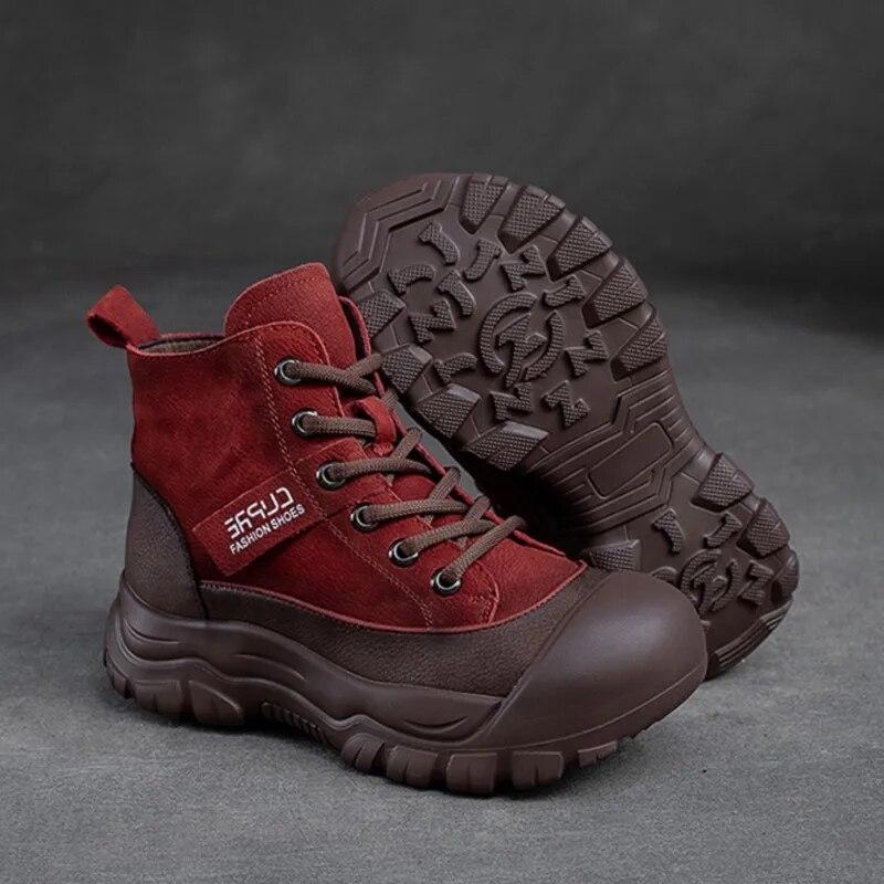 Johnature Stivaletti Invernali Caldi di Peluche Retro in Vera Pelle Tinta Unita Comodi Versatili Scarpe da Donna