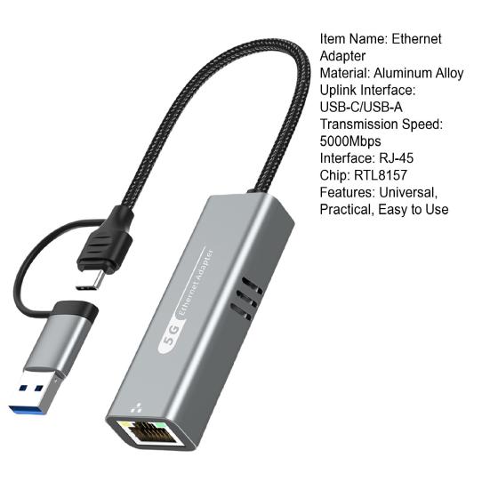 USB/Type-C to Ethernet Adapter 5000Mbps High Speed Dual Interface Universal Ethernet Adapter