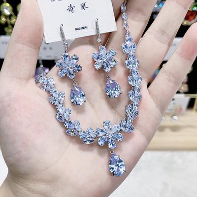Trendy Zirconia Flower Necklace Earrings For Women Engagement Fashion Jewelry Set Bridal Wedding Chokers Party Accessories Gifts