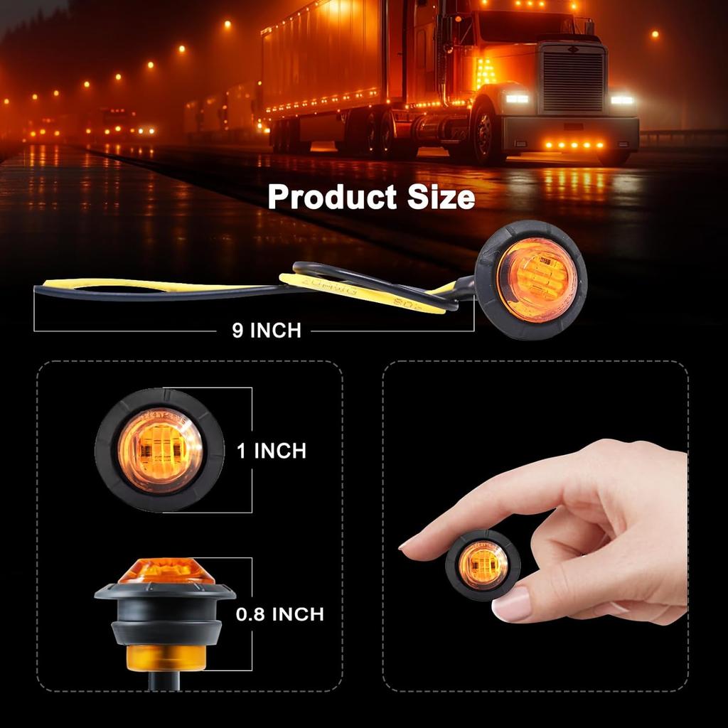20Pcs 3/4 Inch LED Marker Lights - 3Rd Gen Round Mini Amber/Red Clearance Lights For Truck, Trailer, RV, Bus, Van, Boat, IP68 Waterproof, 12V DC