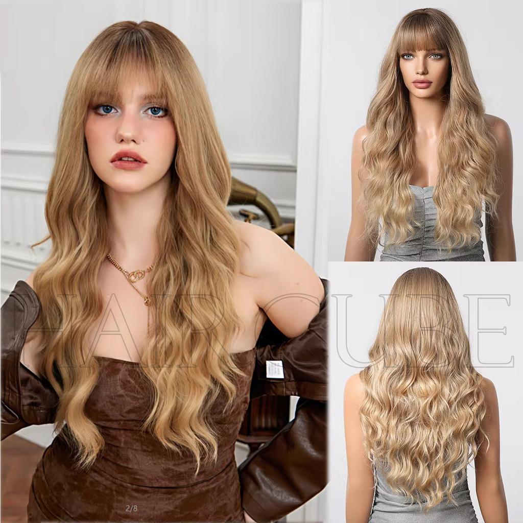 New Natural Style Domestic Brand Brown Gradient Platinum Bangs Middle Part Wavy Long Curly Wig 26inch