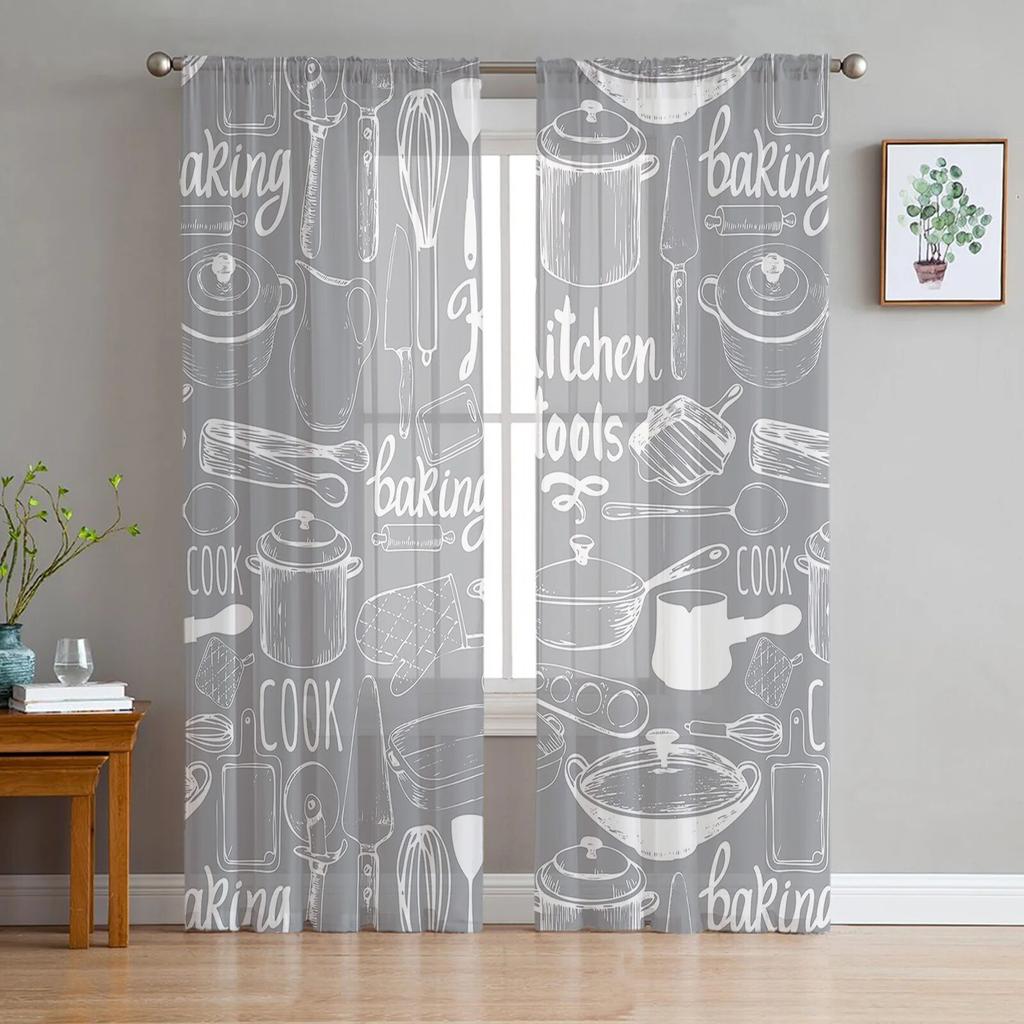 Kitchen Utensils Plaid Tulle Curtains For Living Room Chiffon Voile Sheer Window Curtain For Bedroom