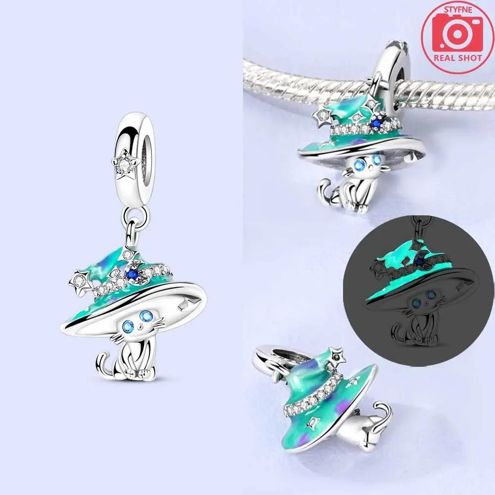 Glowing Witch Moon Magic Hat Cat Bead Charms Charm Bead Charms Authentic Copper for Bracelets Ladys Gift Jewellery Bag Charm Pendant Diy