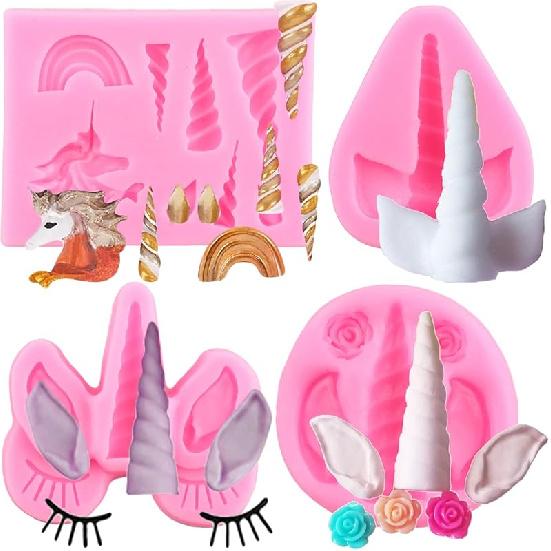 Mujiang Unicorn Silicone Mold Unicorn Ears Horn Rainbow Flowers Fondant Molds For Cupcake Toppers Chocolate Cake Decorating Set Of 4 Style A