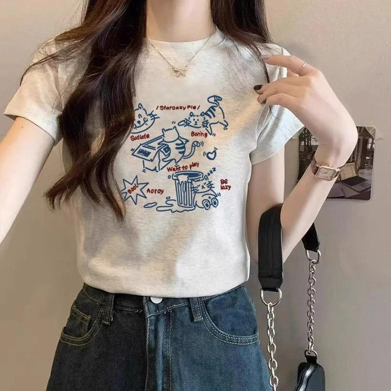 Women Cartoon Cat Graphic Crew Neck Short Sleeve Casual T Shirt