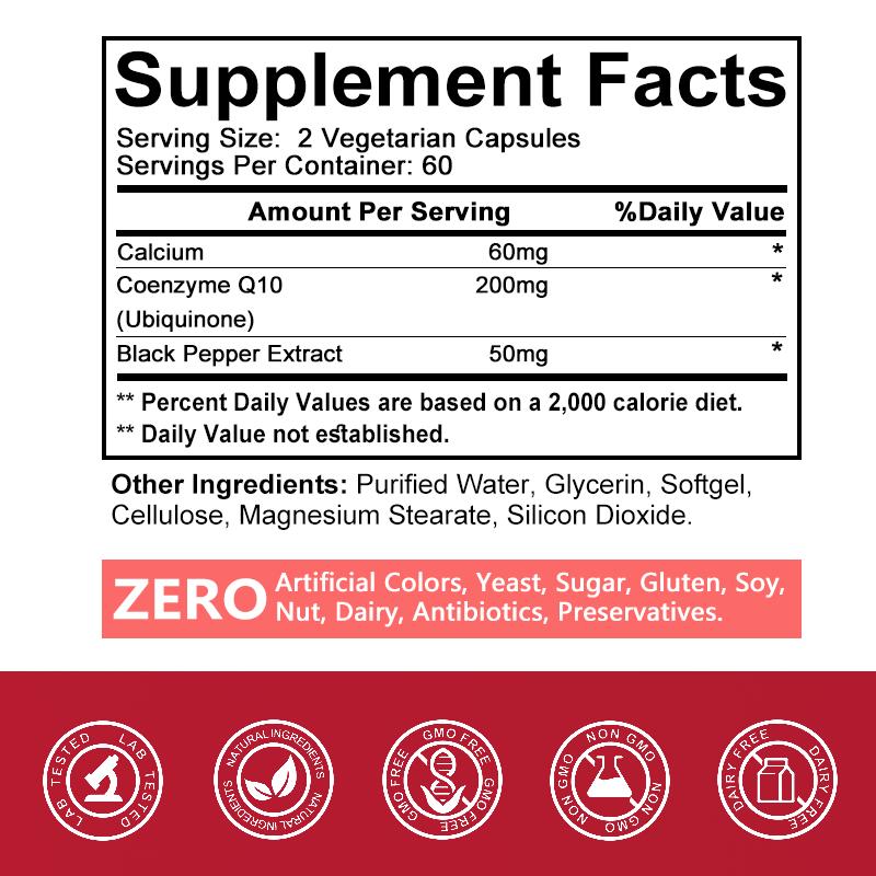 Bcuelov Coenzym Q10 Kapseln 200mg mit schwarzem Pfefferextrakt zur Linderung von Müdigkeit 120 Kapseln