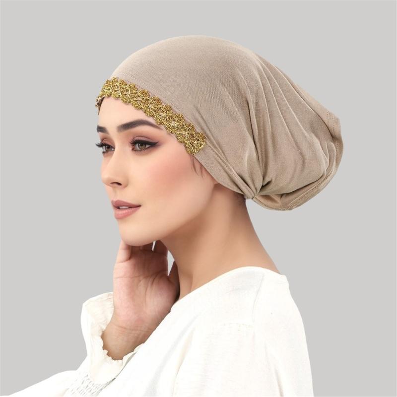 Elegant Lace Trim Hijab Cap Easy To Wear Stretchy Turban Hat For Islamic Women Formal Casual Religious Event Gathering