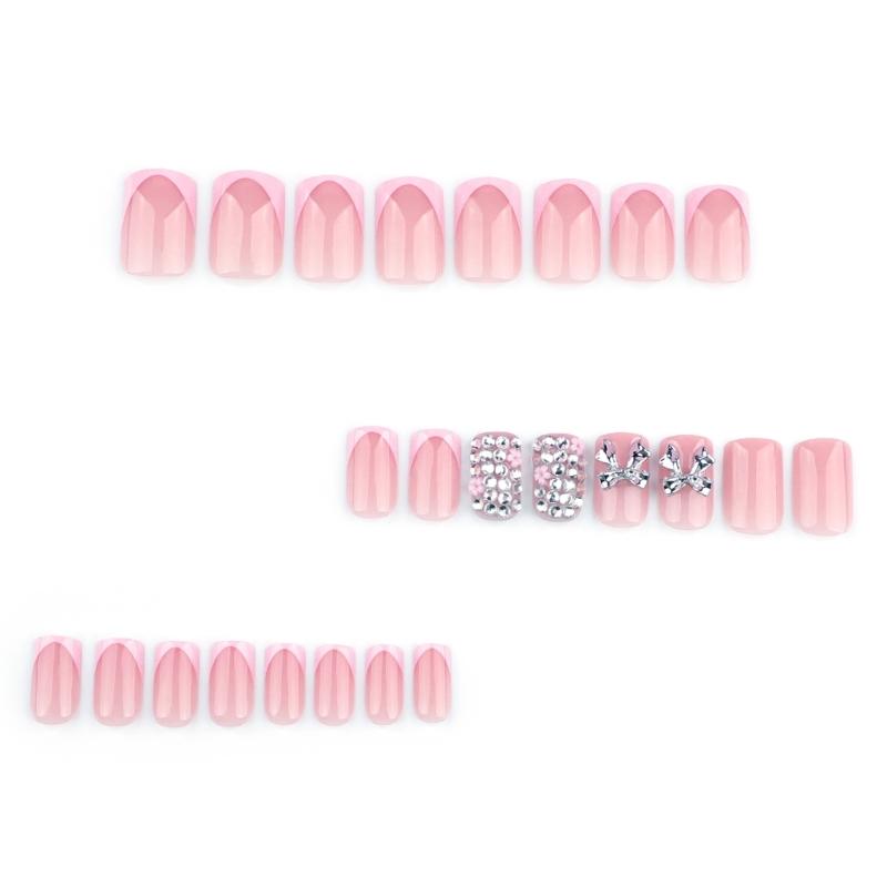 24 Stück Kurze Press-on-Nägel Künstliche Nägel Mit 3D-Schleifen-Charms Designs Acryl Französische Aufklebe-Nägel Maniküre Nagelkunst
