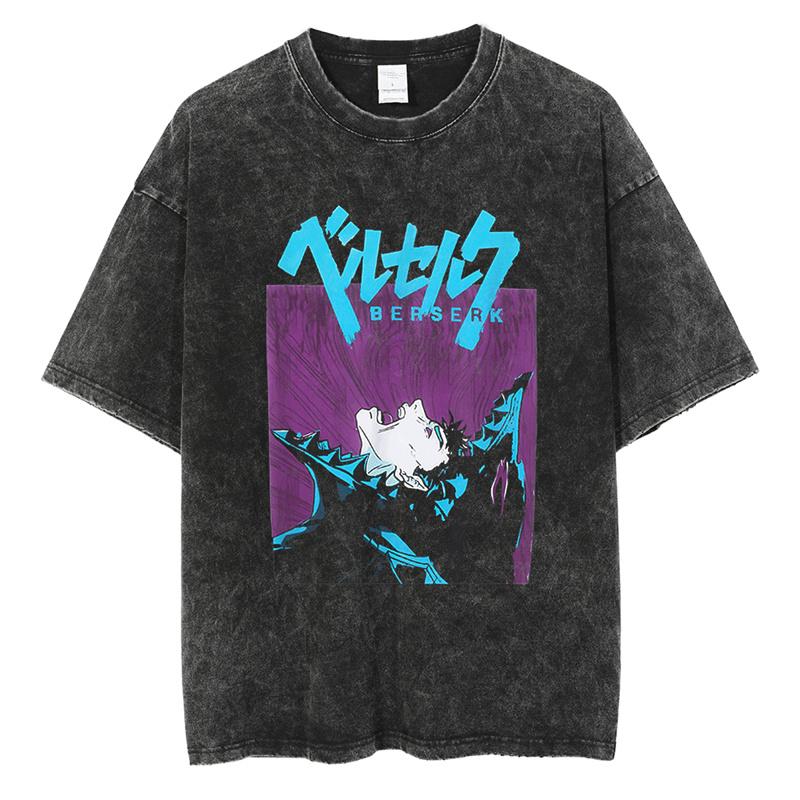 Heißes Anime Berserk Logo Grafik Gewaschenes Bedrucktes T-Shirt Herren Vintage Gothic T-Shirts Lässiges Baumwoll T-Shirt Harajuku Männlich Manga Oberteile