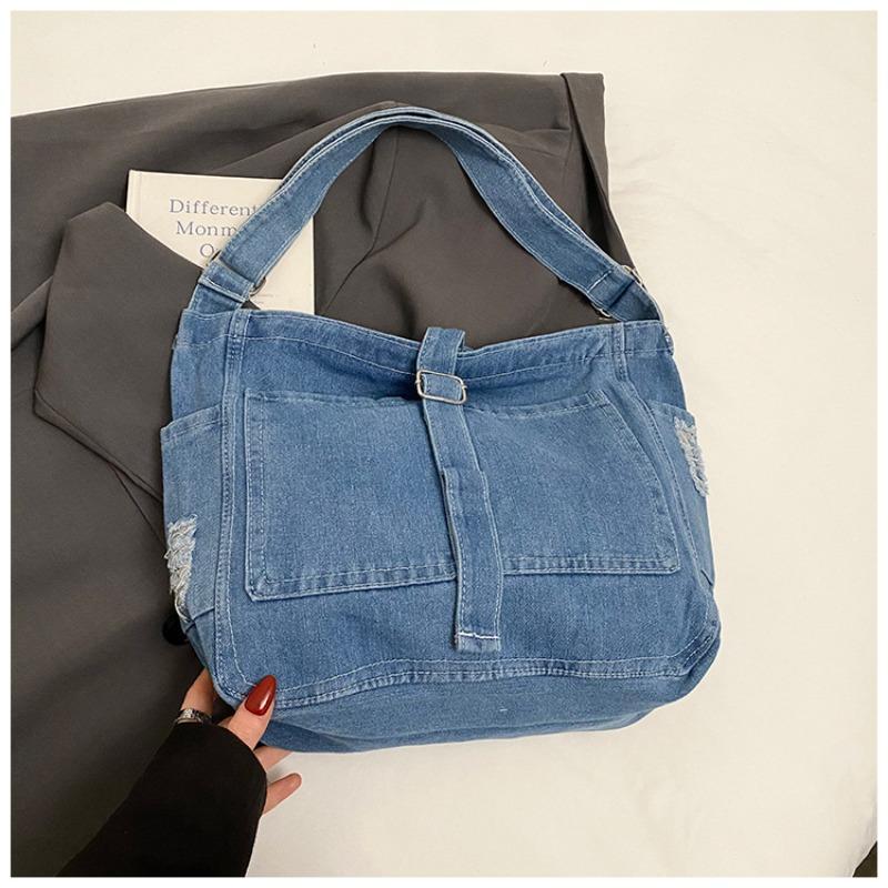 

Уличный тренд джинсовая сумка практичная большая вместимость для учебы и работы универсальная сумка-тоут на плечо кроссбоди женская светло-синий