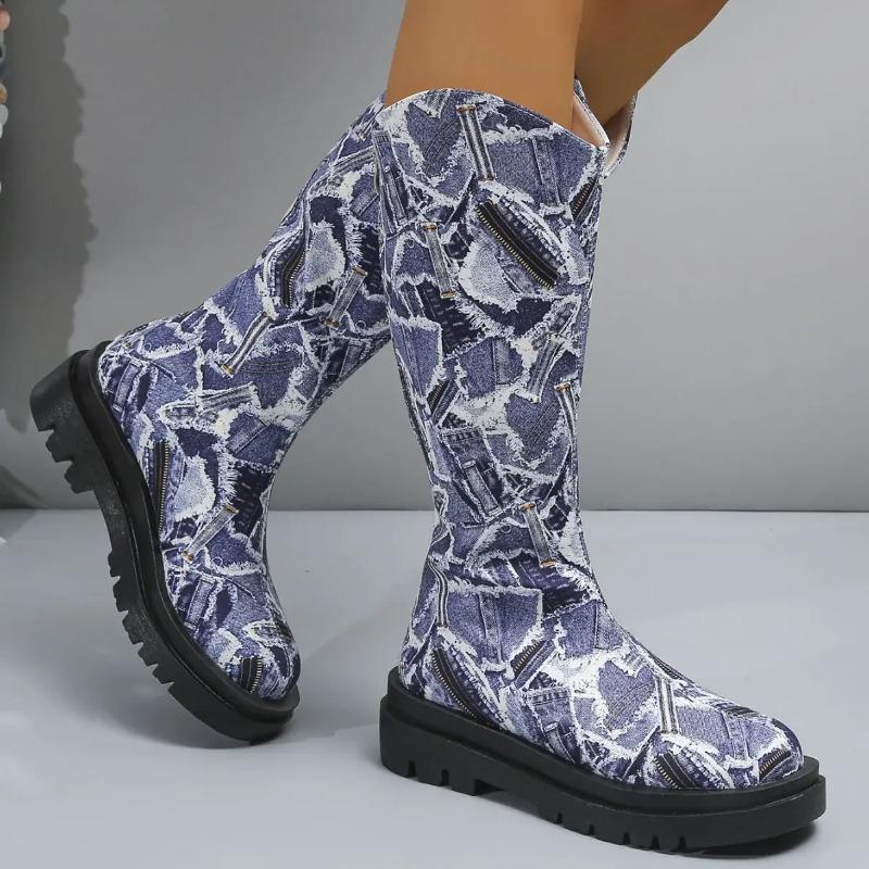 Vintage Floral Pattern Platform Long Boots  Women Fashion Show Style Slip-on Female Mid-Calf Boots Casual Large Size 43 Booties