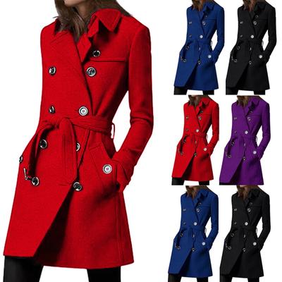 Women's Long Woolen Women's Coat With Waist Cinching And Double Breasted Buttons