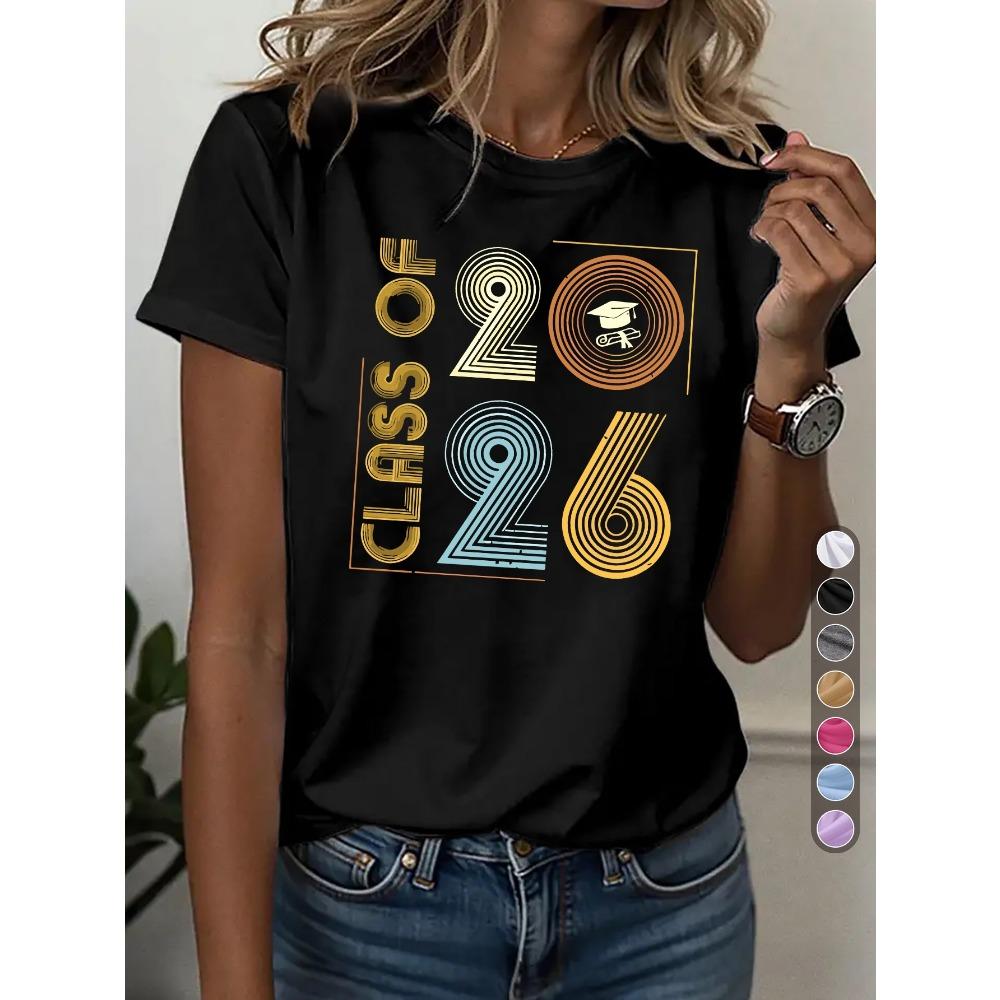 Senior Class Of 2026 Graphic T-Shirt Women Summer Short Sleeve Loose Fit Tops Female Casual Fashion Streetwear Graduation Tee M