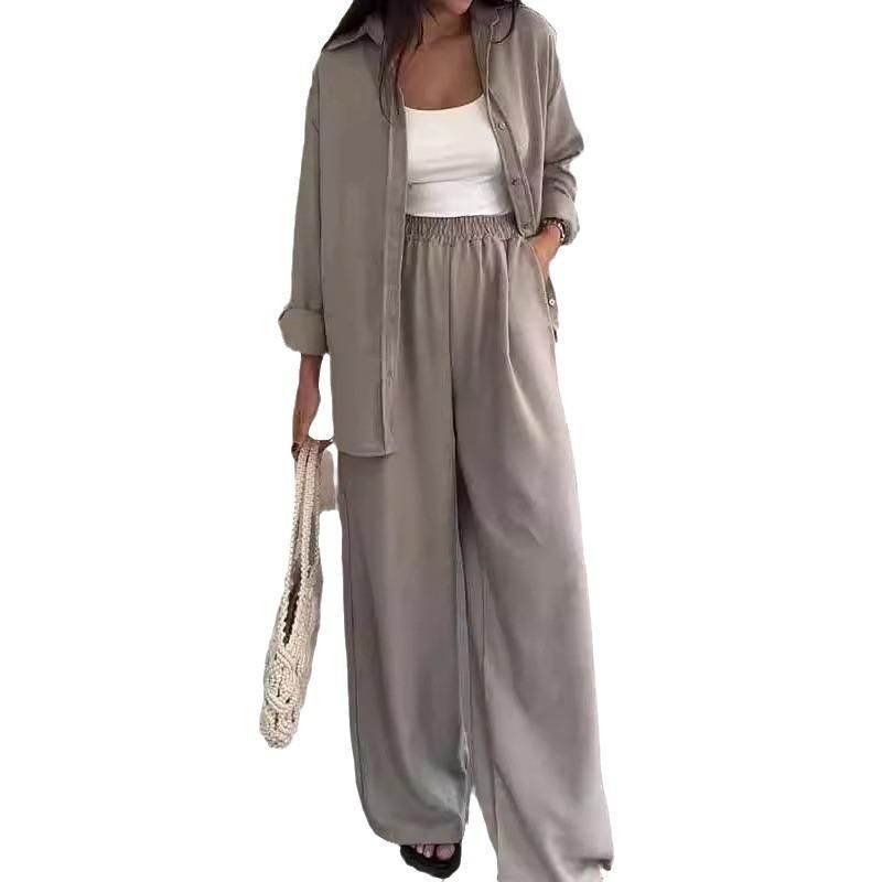 European and American Women Clothes Fashion Solid Loose Top Casual Wide-Leg Pants Two-piece Set Casual Two-Piece Set