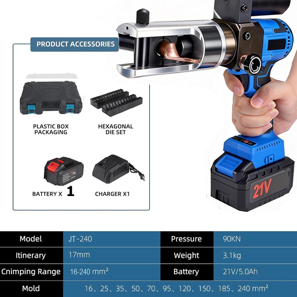 Hydraulic Crimping Tool SL-240 90KN Electric Wire Crimper Cable Crimping Pliers with Battery, Handheld Electric Hose Crimper