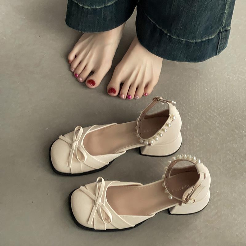 French Bow Thick Heel Mary Jane Shoes Female 2025 Summer New Fairy Style with Skirt High Heels Fashion Sandals