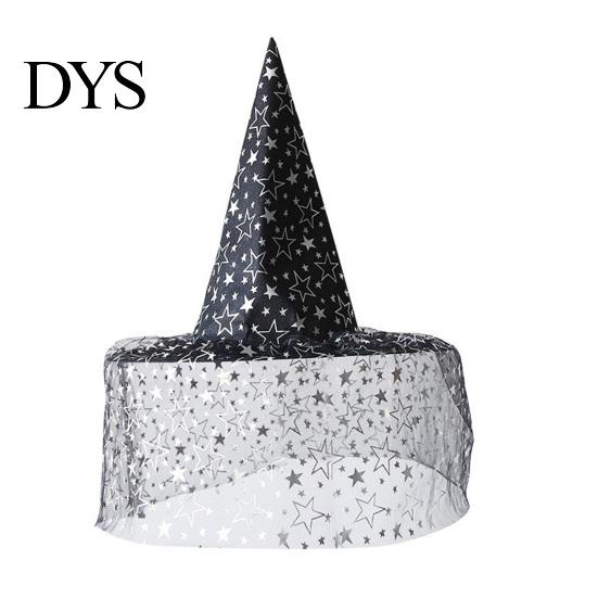 Fashionable Theme Event Hat Halloween Star Witch Hat, Mesh Veil Rose Feather Cone Adult Party Hats for Women, Gothic Costume Headwear, Cosplay