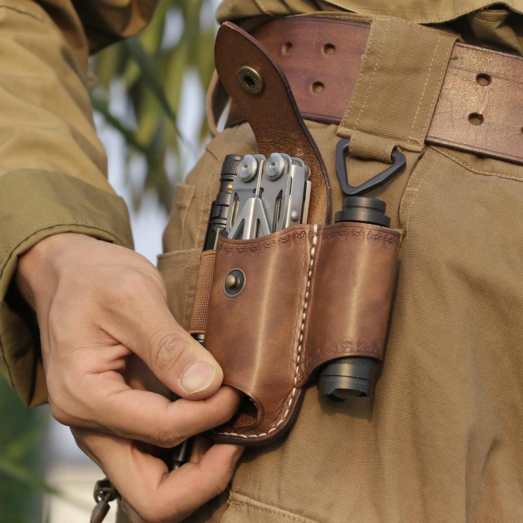 TOURBON Holder Belt Tool Pouch Leather Flashlight Pliers Storage Bag Multi-Tool Multi-Function