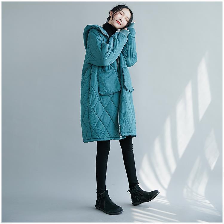 Women's Plaid Hooded Cotton Jacket, Winter Wear, Mid-Length, Thick Pocketed Zipper Coat, Plus Size.